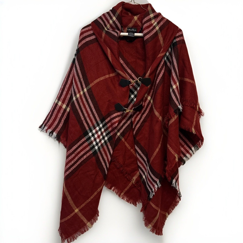 Fraas Red Plaid Poncho Wrap Shawl Collar Gold Toggle Clasp Fringe One‎ Size